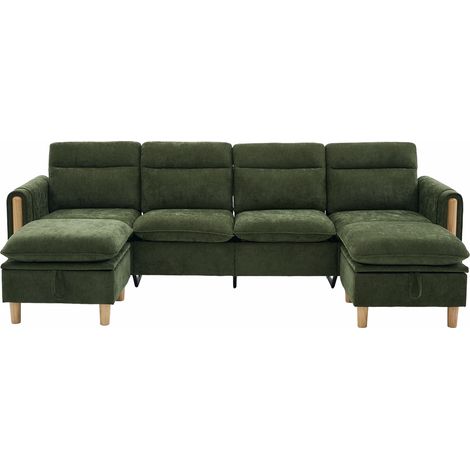 Canapé d'angle U 4 places en chenille vert – 2 poufs de rangement, modulable – pour salon ou grand séjour (1/5)