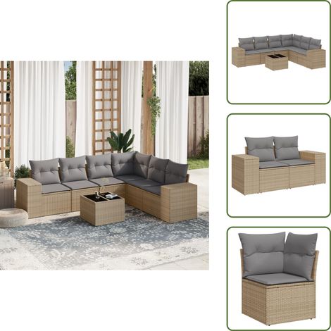 Tavolo da giardino - vidaXL Set Divani da Giardino 7 pz con Cuscini Beige in Polyrattan - Rattan PE