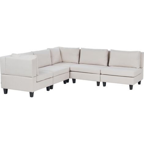 Sofá modular esquinero moderno 5 plazas tapizado tela patas negras respaldo acolchado derecho beige claro Unstad