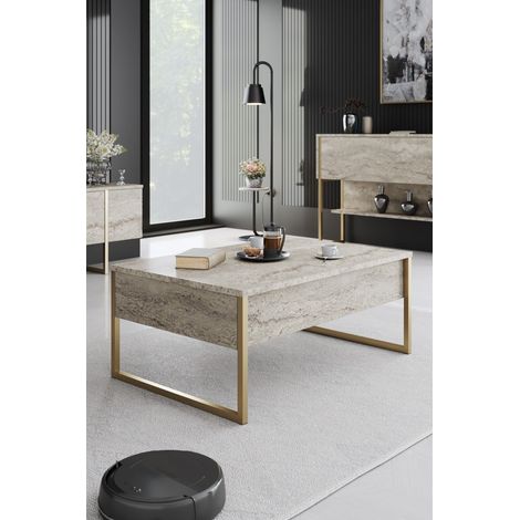 Table basse - LUXE - Travertine Gold - Rectangulaire - Panneaux mélaminés et métal - Travertin et doré - Style luxueux - 90x60x40 cm (1/5)