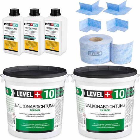 LEVEL+ Dichtset 40kg Balkonabdichtung 2K Badabdichtung Dichtband Tiefengrund SET34 (1/5)
