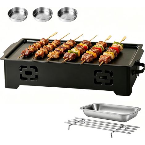 Grand chauffe-plats avec plaque de cuisson antiadhésive, 3 méthodes de chauffage, amovible et facile à nettoyer, poignée résistante à la chaleur avec plaque de charbon et paniers de combustion (1/5)
