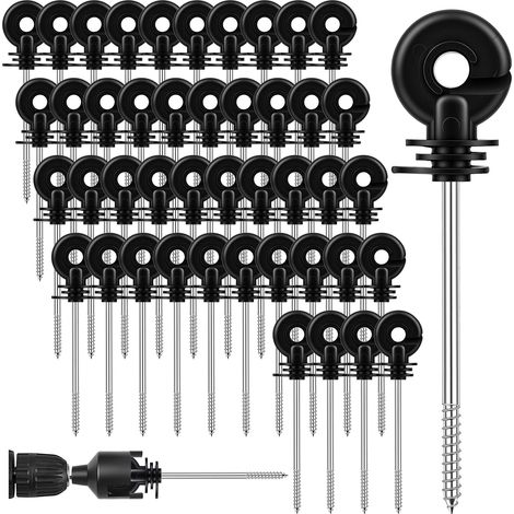 50 Pièces Isolateurs de Clôture Électrique à Vis, 150mm Isolateurs Annulaires pour Clôture Électrique, Isolateur Annulaires avec Douille, Isolants à Anneau Vissable pour Cordes, Fils et Brins (Noir) (1/5)