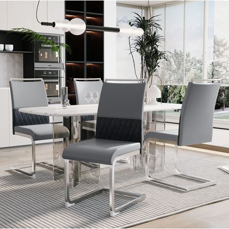 Set di 4 sedie da pranzo con schienale alto in ecopelle e lino, grigio (1/5)