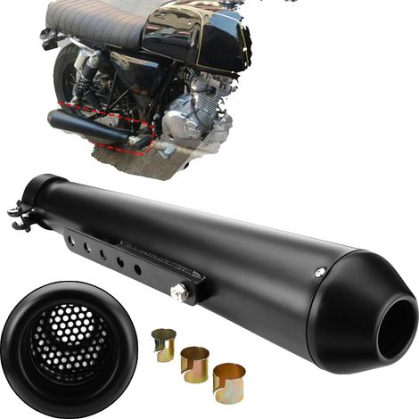 Silenciador de motocicleta, material de hierro, 44,5 cm de longitud, compatibilidad universal, incluye 3 adaptadores, acabado negro mate. (1/5)