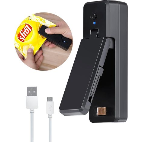 Coffret scellage manuel portable 2-en-1 (noir) avec aimant, thermosoudeuse compacte pour sachets plastique, chips et snacks, fermeture hermétique facile (1/5)