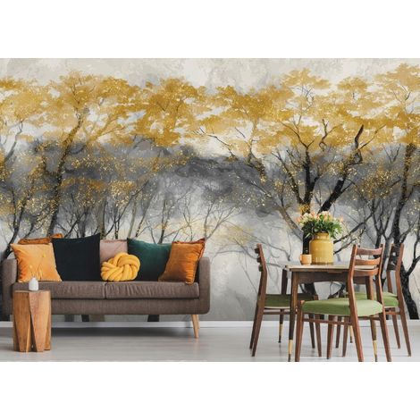 Fototapete Wald Bäume Beton Gold, für Wohnzimmer und Schlafzimmer, 150 x 105 cm – Komplettset inkl. Kleister & Anleitung (1/5)
