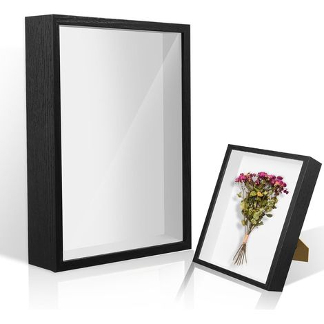 Cadre photo 3D 31x22,5 cm, bois profond 5 cm, vitrine pour fleurs séchées, photos, souvenirs, noir. (1/5)