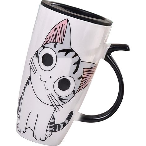 Mug en céramique 600 ml avec couvercle, motif chat mignon, idéal pour la maison ou le bureau. (1/5)