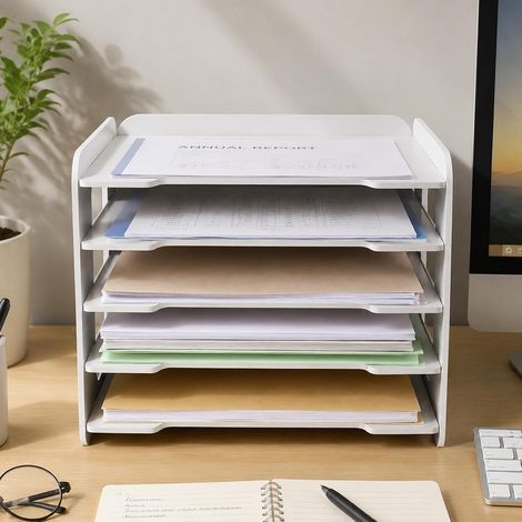 Corbeille à courrier à 5 couches en bois PVC composite - Organiseur de bureau stable avec capacité de charge de 10 kg - Blanc - Peu encombrant - Pour bureau et bureau à domicile - 34 x 25 x 26,5 cm (1/5)