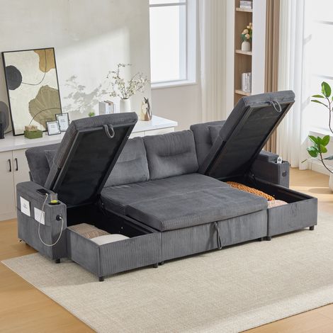 Sofá 272/136/86 cm de corduroy gris carbón con 2 chaise longue, almacenaje y USB-Type-C (1/5)