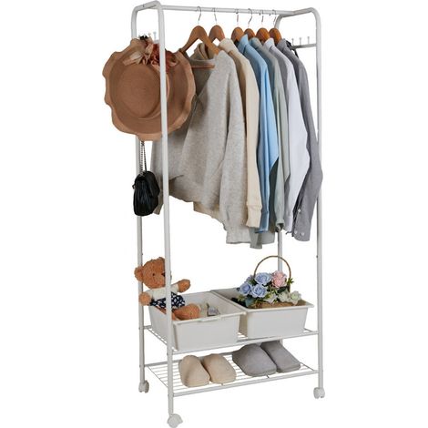 Unho – Porte-vêtements sur roulettes en métal blanc – 70x36,5x152cm – Capacité 10kg par rail et étagère – Avec crochets et étagères de rangement (1/5)