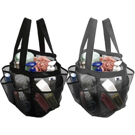 Lot de 2 sacs de douche en maille à séchage rapide, 8 poches, organiseur de bain avec 2 poignées de suspension pour plage, camping, dortoir, salle de bain et voyage – Gris et noir (1/5)