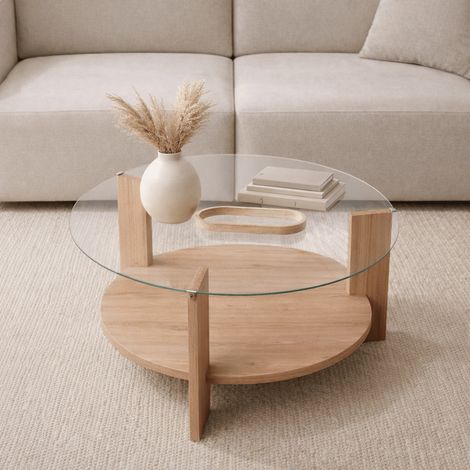 Runder Couchtisch aus Eiche, Melamin, transparentes Glas, Ø75 cm