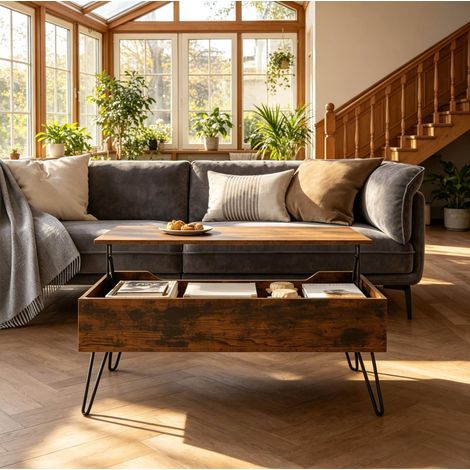 Couchtisch 95x50x40 cm rustikales Braun Holzwerkstoff und Metall höhenverstellbar mit Stauraum (1/5)