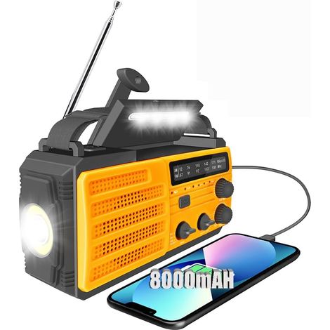 Radio dinamo de supervivencia con energía solar, 3 modos de carga, batería externa de 8000 mAh, alarma SOS, lámpara de lectura de 1 W, compatible con auriculares y pulsera de supervivencia (con brújul (1/5)