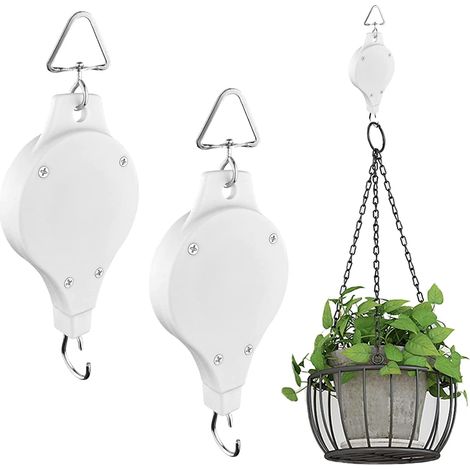 Lot de 2 poulies rétractables pour plantes, suspension réglable, crochet pour paniers de fleurs suspendus, blanc (1/5)
