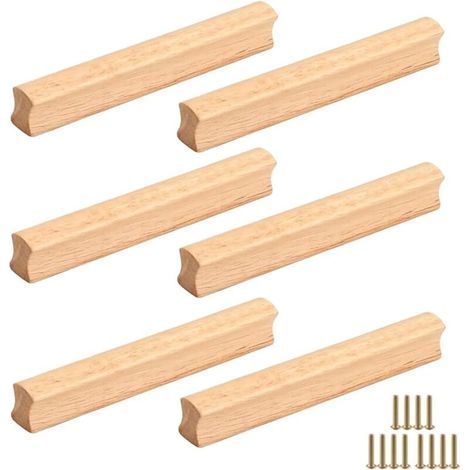 Lot de 6 poignées de meuble en bois massif, vis, espacement 96 mm, pour armoires, salles de bains, bureaux et cuisines (1/4)