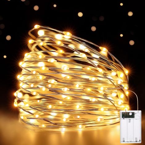 Guirlande lumineuse 10m 100 LED fil cuivre,2 modes,piles,intérieur/extérieur,jardin,mariage,fête,Noël,déco lumineuse blanc chaud (1 pièce) (1/5)