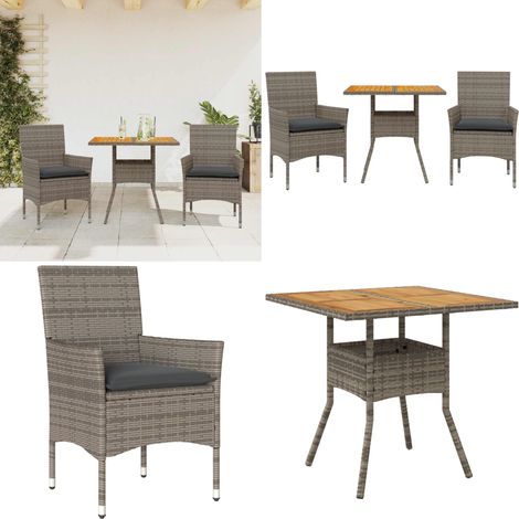 Ensemble à manger de jardin et coussins 3 pcs gris rotin acacia - Meubles De Jardin - Salon De Jardin - Set De Jardin - Mobilier Extérieur - Table De Jardin - Home & Living (1/5)