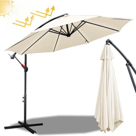1 Parasol De Marché 350 Cm Avec Manivelle En Aluminium Et Polyester Beige Pour Jardin Terrasse (1/5)