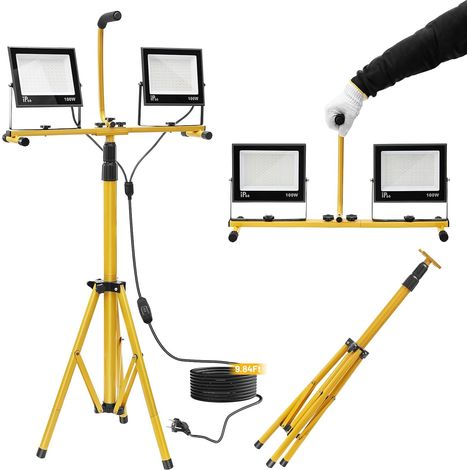2×100W Projecteur LED sur Trépieds 15,000LM, Lampe de Chantier Travail avec Support Réglable Hauteur 160cm, Lumière de Chantier Étanche IP66, avec Câble 3M, pour Garage, Atelier, Camping (1/5)