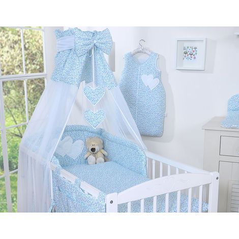 Juego de ropa de cama de 5 piezas con dosel de 120x90 cm - Corazones colgantes, prado azul (1/5)