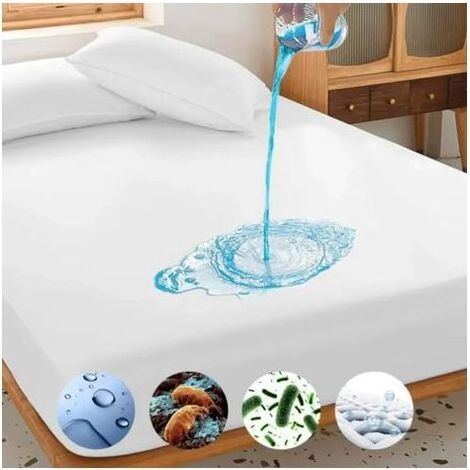Respirant et silencieux, sans vinyle, blanc avec motif goutte bleue, tissu polyester lavable en machine, literie imperméable Esthétique épurée Protège-matelas imperméable en tissu sans vinyle (1/5)