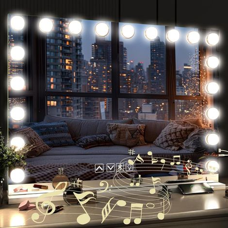 Miroir 80 x 60 cm avec Bluetooth, avec 19 lampes LED, miroir de maquillage avec sortie USB et grossissement 5 fois, miroir cosmétique Bluetooth, 3 températures de couleur, écran (1/5)
