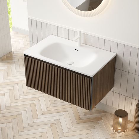 Waschbeckenunterschrank hängend 80 cm modern in Brauneiche mit weißem integriertem Waschbecken und 1 Schublade (1/5)