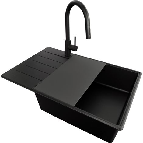 PRIMAGRAN Evier Cuisine en Granit 78x50cm, Lavabo 1 bac + Kit de Vidage + Accessoire, Évier à Encastrer au meuble 60cm - Copenhague, Tout Noir (1/5)