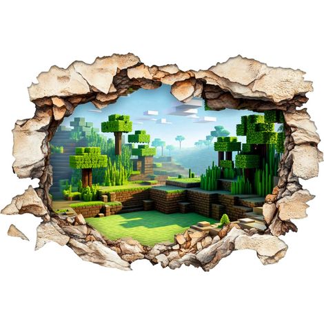 Sticker mural 3D style bloc : effet de brèche réaliste  Sticker paysage forêt en pixels pour chambre de garçon et de gamer  Autocollant en vinyle à coller soi-même (1/4)