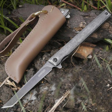 Einhand-Klappmesser mit 8,6 cm Drop-Point-Klinge, EDC Taschenmesser mit PU-Etui, Outdoor Messer für Camping