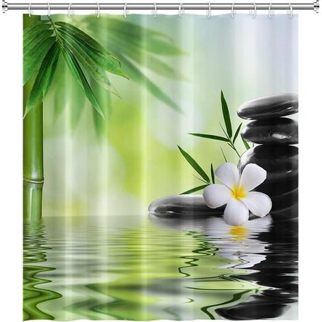 152x183cm Eau Spa Rideau de Douche Vert Bambou Feuilles Orchidée Fleur Zen Méditation Basalte Pierres Floral pour Salle de Bains Polyester avec Crochets (1/5)