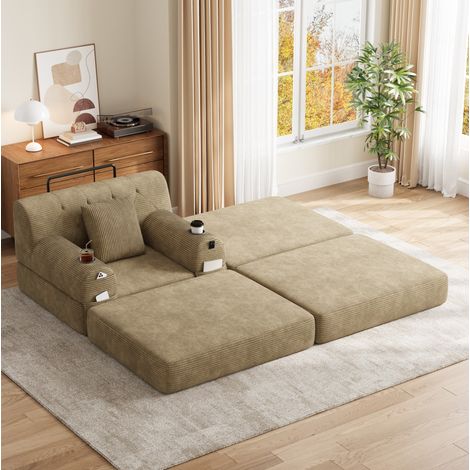 Sessel zum Umklappen 107x162x81 cm Khaki mit Fußstütze, 2 Getränkehaltern, Rippstoff MEUBLIV (1/5)