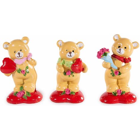Orsetti innamorati in resina con cuore rosso e fiori da appoggiare, per San Valentino - PREZZO SCONTATO AL 50%, set da 12 pezzi, cm 4,5 x 4 x 7,5 H