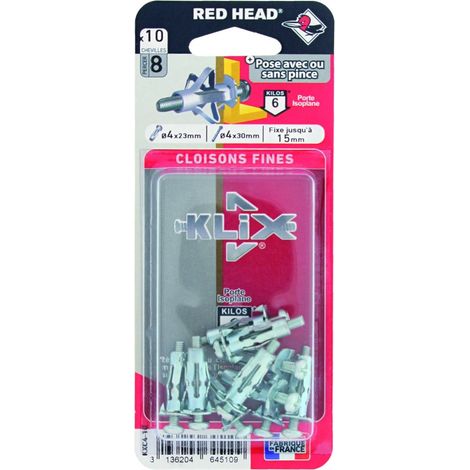 Lot de 10 chevilles et vis à expansion Klix KXC410, RED HEAD, diam.8 x L.23 mm
