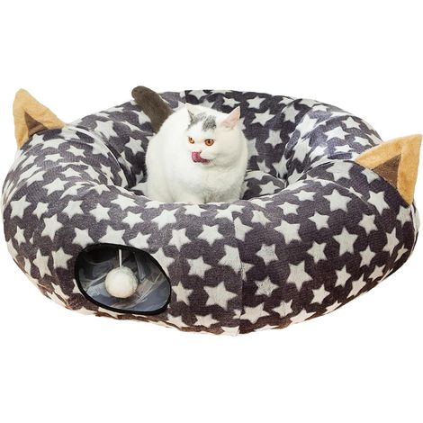 Weihnachtliches Katzentunnelbett mit Plüschball, kleinem Kissen und flexiblem Design – 25 cm Durchmesser – perfekt für Katzen und kleine Hunde, graues Sternenmuster.