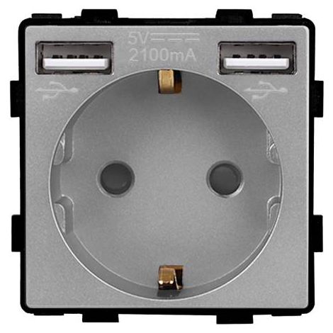 Base Enchufe EU tipo SCHUKO 16A  + cargador rápido USB A+A KOOB, gris (1/5)