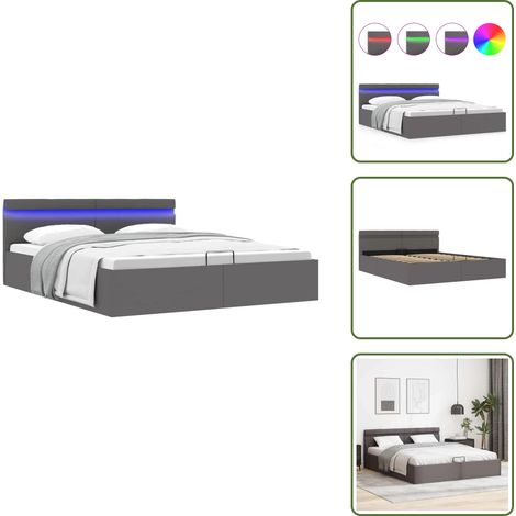 The Living Store Cadre de lit à rangement avec LED gris similicuir 160x200 cm - Lit Double - Cadre De Lit - Lit Hydraulique - Similicuir - Rangement Sous Lit