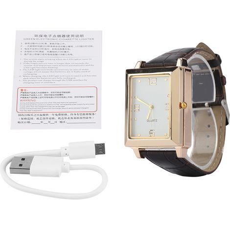 Homme briquet rechargeable USB sans flamme coupe-vent montre quartz carrée blanche