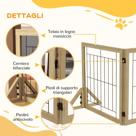 Barrière pliable 3 panneaux pour chien, 210x70 cm, bois naturel, pieds triangulaires inclus (1/5)