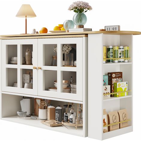 Meuble pivotant 360° avec étagères et portes vitrées, 5 niveaux de rangement et tablette à snacks – Blanc, pour salon, chambre ou salle à manger