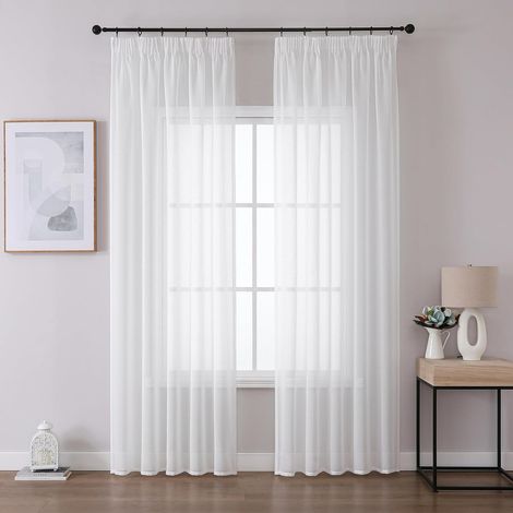 Lot de 2 Rideau Voilage Blanc 140x245cm avec Galon Fronceur pour Rail, Polyester Semi-Transparent pour Salon