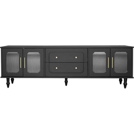 Meuble TV rétro avec portes en verre strié, grands rangements, tiroirs push-to-open, pieds métal et poignées dorées CHICFURN