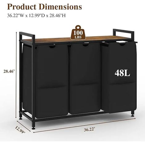 Wäschekorb, strapazierfähige Stofftaschen, stabiler Holzdeckel, 3Fächer BK