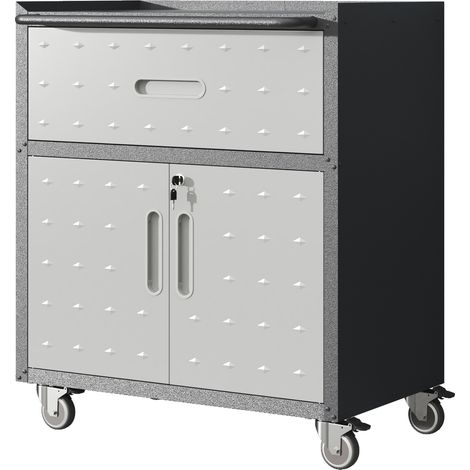 Coffre de rangement en acier pour atelier – meuble de bricolage solide avec serrure, 1 bac coulissant et 2 battants verrouillables (Haut. 88 × Larg. 75 × Prof. 42 cm). (1/5)