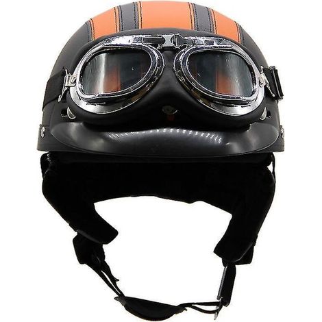 Casque de moto d'été léger en cuir style rétro Harley, avec lunettes de protection, demi-casque tendance, pour véhicules électriques, noir et orange. (1/3)