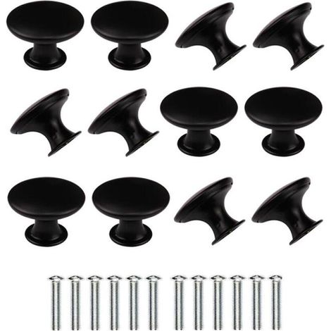 Juego de 12 pomos para muebles, pomos de hierro, con tornillos, herrajes para muebles, pomos para puertas, pomos para puertas de muebles, Ø 3 cm, negro (1/5)