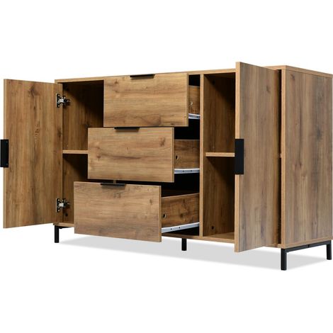 Buffet 120x40x80, 2 portes 3 tiroirs buffet salon, finition chêne foncé, structure métal, étagères réglables (1/5)